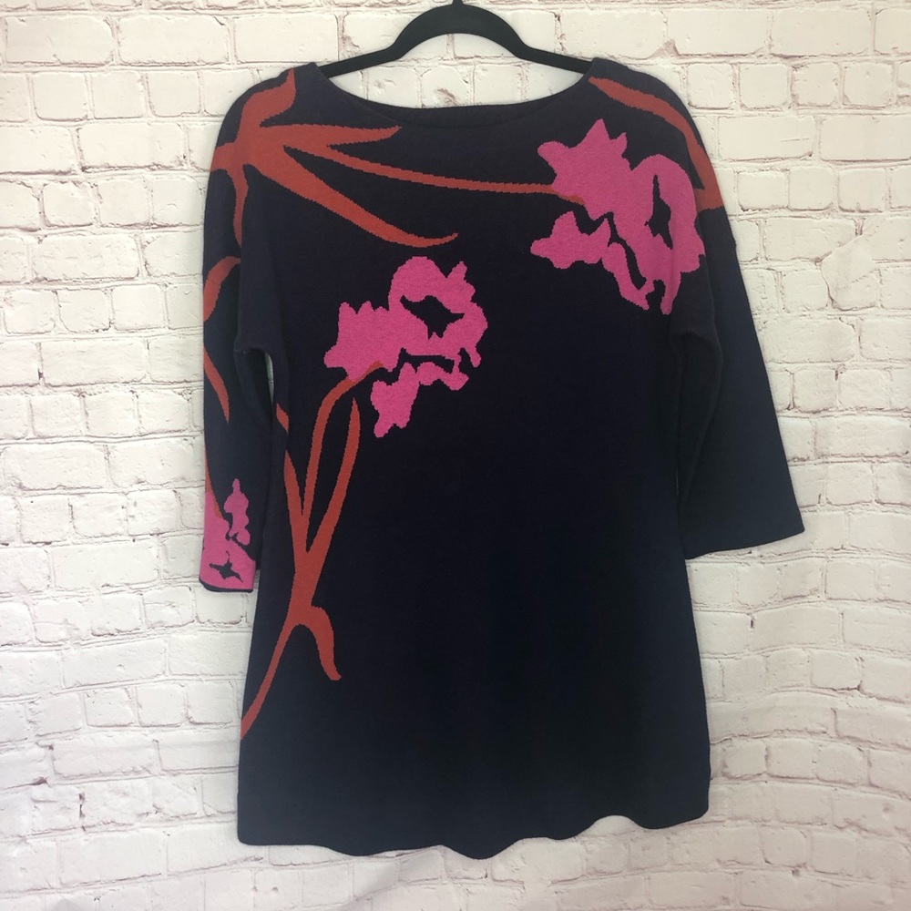 Anthropologie Navy Sweater with Pink and Orange Floral Design